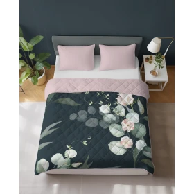 Narzuta Pikowana Dwustronna 170 x 210 cm. Zielony Pudrowy Różowy Kwiaty NR-K108