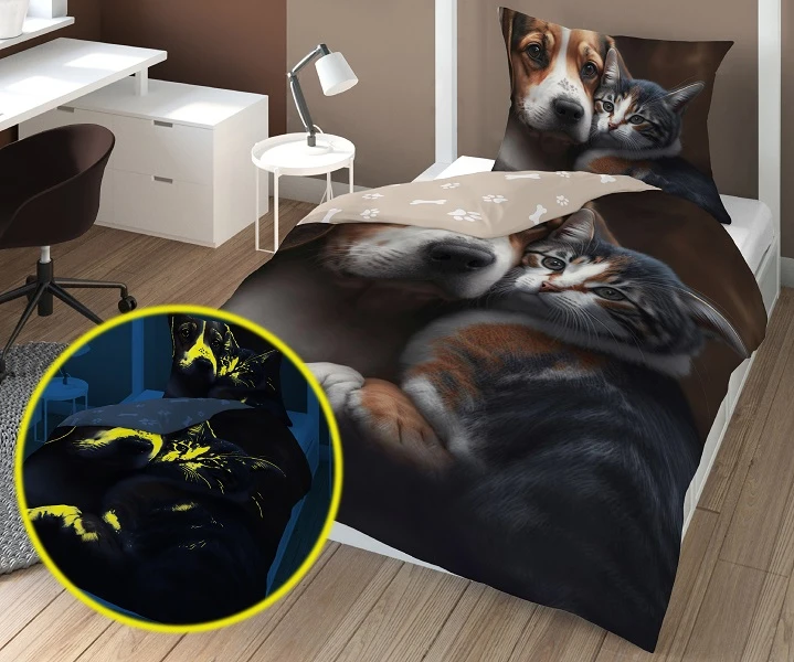 Pościel Dziecięca Świecąca W Ciemności 160x200 cm. Piesek Kotek 4731 Pościel Dziecięca Świecąca W Ciemności 160x200 cm. Piesek Kotek 4731