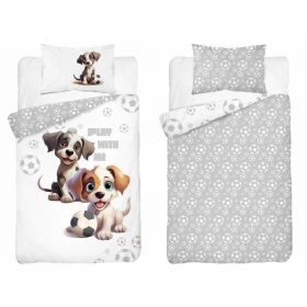 Pościel Dziecięca Bawełniana Do Łóżeczka 90x120 cm. Biała Szara Pieski Piłka Nożna 5002-B