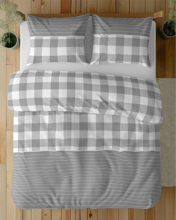 Pościel Bawełna Satynowa 220x200 cm. Biała Szara Krata 5083-B Pościel Bawełna Satynowa 220x200 cm. Biała Szara Krata 5083-B