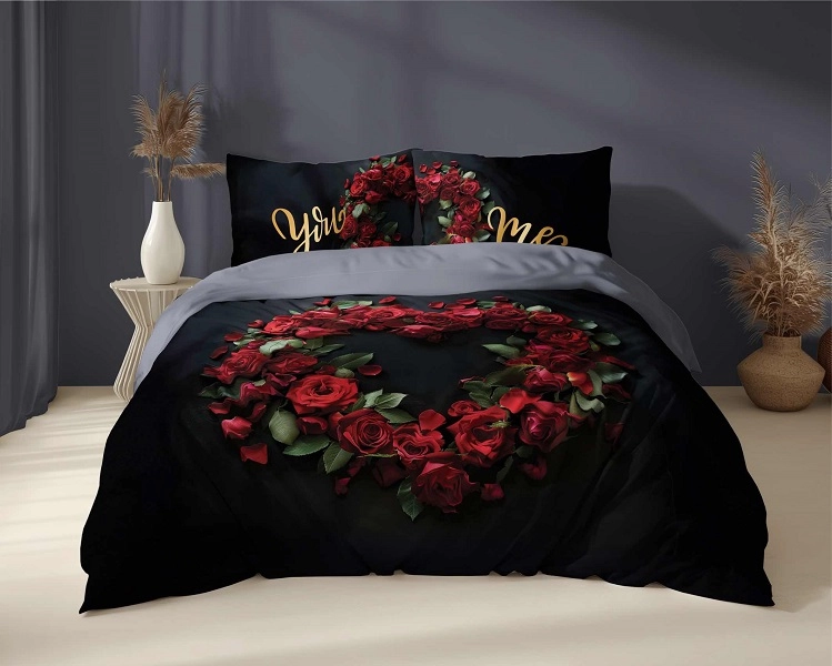 Pościel Holenderska 160x200 cm. 100 % Bawełna Czarna Serce Czerwone Róże 5287-A Pościel Holenderska 160x200 cm. 100 % Bawełna Czarna Serce Czerwone Róże 5287-A