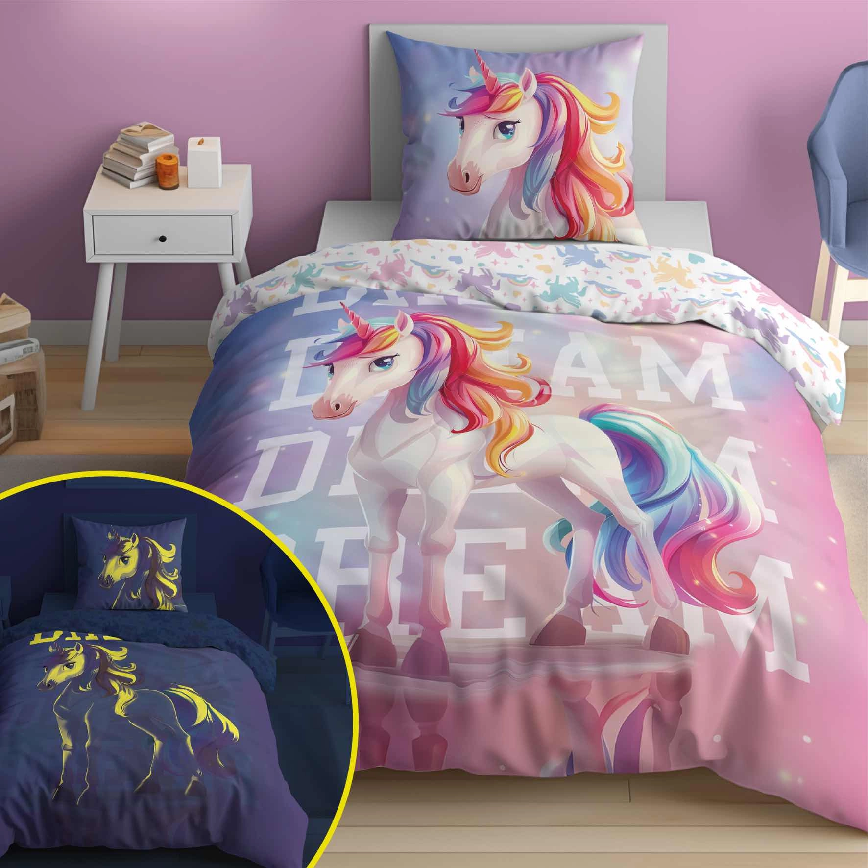 Pościel Dziecięca Świecąca W Ciemności 160x200 cm. Jednorożec 5208 Pościel Dziecięca Świecąca W Ciemności 160x200 cm. Jednorożec 5208