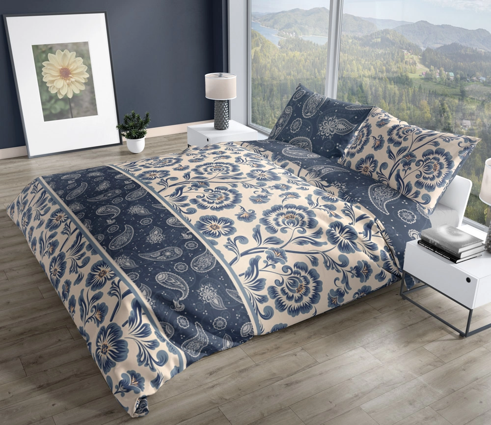 Pościel Z Bawełny Satynowej 220 x 200 cm. Biała Niebieska Kwiaty 008 Pościel Z Bawełny Satynowej 220 x 200 cm. Biała Niebieska Kwiaty 008