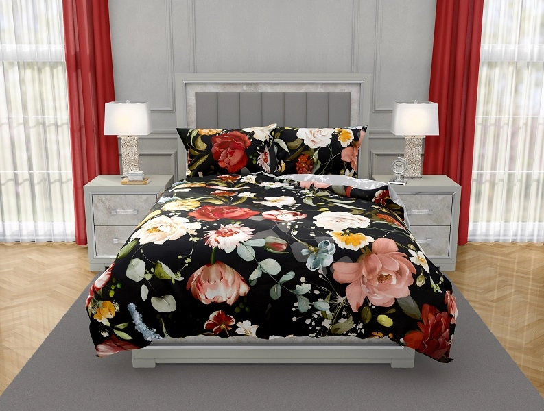Luksusowa Pościel Z Bawełny Satynowej Druk Cyfrowy 160x200 cm. Czarna Kwiaty 002 Luksusowa Pościel Z Bawełny Satynowej Druk Cyfrowy 160x200 cm. Czarna Kwiaty 002