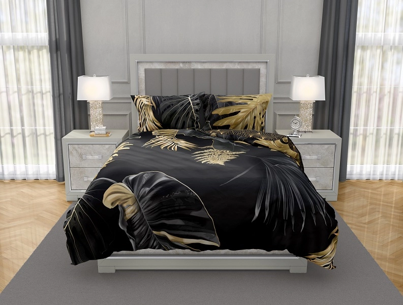 Luksusowa Pościel Z Bawełny Satynowej Druk Cyfrowy 220x200 cm. Czarna Liście 003 Luksusowa Pościel Z Bawełny Satynowej Druk Cyfrowy 220x200 cm. Czarna Liście 003