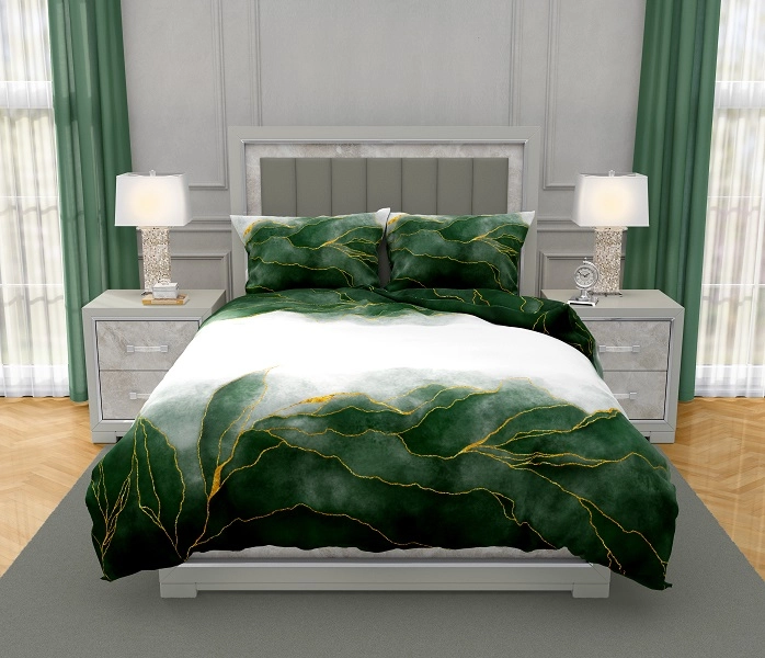Luksusowa Pościel Z Bawełny Satynowej Druk Cyfrowy 220x200 cm. Biała Zielona Liście 016 Luksusowa Pościel Z Bawełny Satynowej Druk Cyfrowy 220x200 cm. Biała Zielona Liście 016