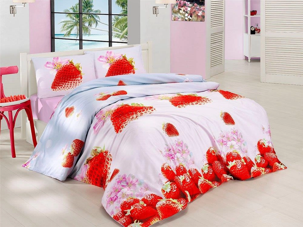 Luksusowa Pościel Z Bawełny Satynowej 220x200 cm. Truskawki Luksusowa Pościel Z Bawełny Satynowej 220x200 cm. Truskawki