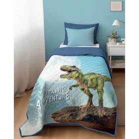 Narzuta Młodzieżowa 170x210 cm. Pikowana Dwustronna Błękitny Niebieski Zielony Dinozaur K-95