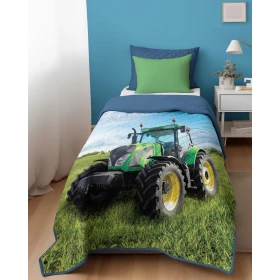 Narzuta Młodzieżowa 170x210 cm. Pikowana Dwustronna Zielona Niebieski Zielony Traktor Na Łące K-93